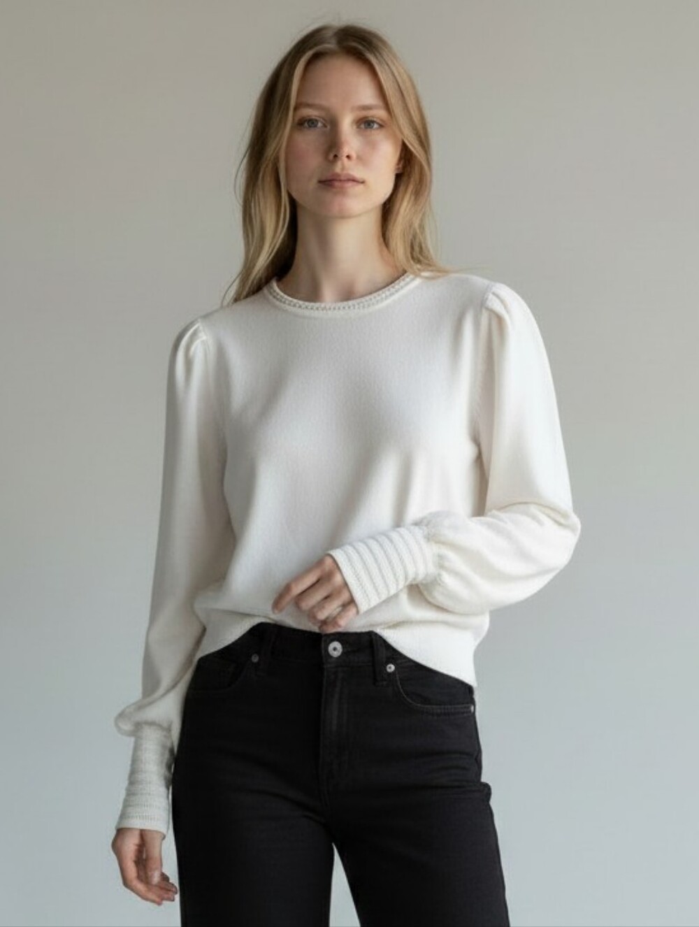 Boden Cotton/Wool White Puff-Shoulder Long-Sleeve Knit Top